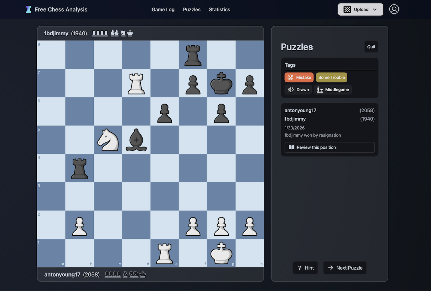 Chess puzzle trainer generated from a player's own game mistakes